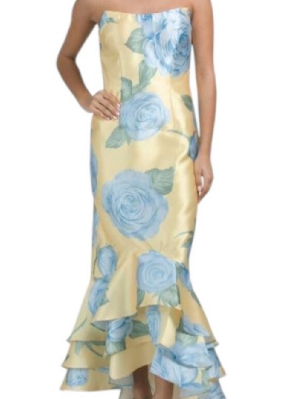 Rene Ruiz Strapless Yellow Dress with Blue Rose Print and Ruffled Hem